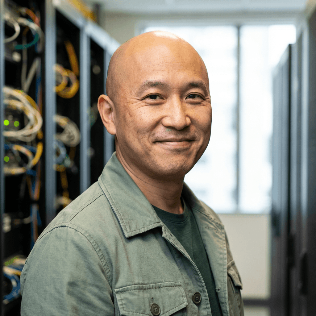 Marcus Chen in a modern office corridor