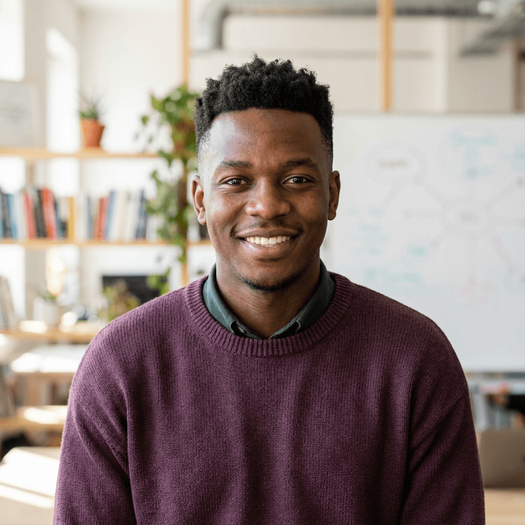David Okonkwo in his mid 40s, Black, professional and composed in a commercial setting