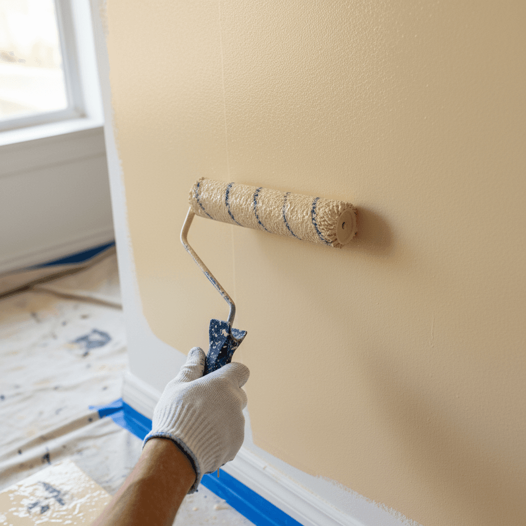 Painter finishing a ceiling with even coverage