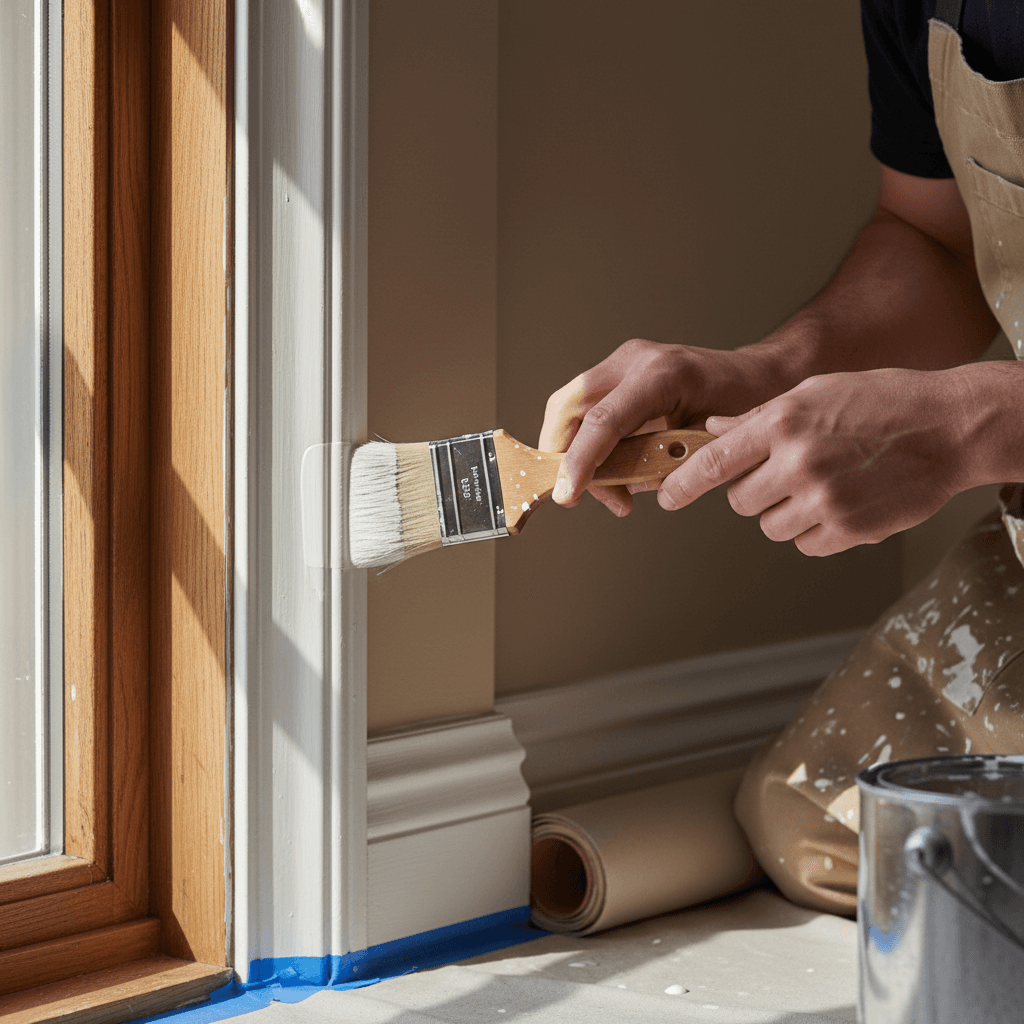 Painter cutting in clean lines around a window
